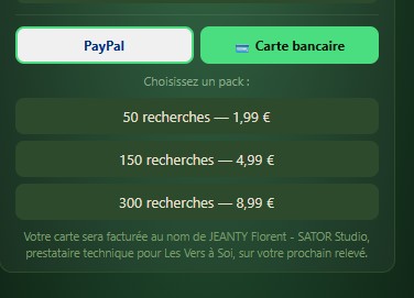 Choix du moyen de paiement et du pack de recherches