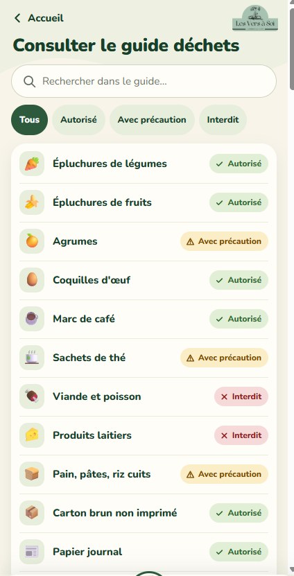 Guide des déchets avec champ de recherche et filtres Autorisé, Avec précaution, Interdit