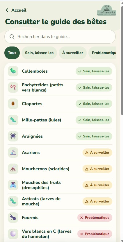 Guide des bêtes avec champ de recherche et filtres Sain, À surveiller, Problématique