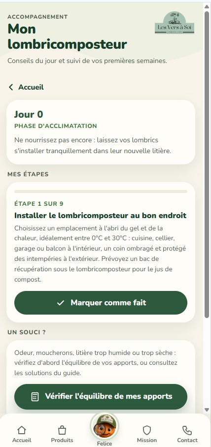 Écran Mon lombricomposteur : conseil du jour et étapes à cocher