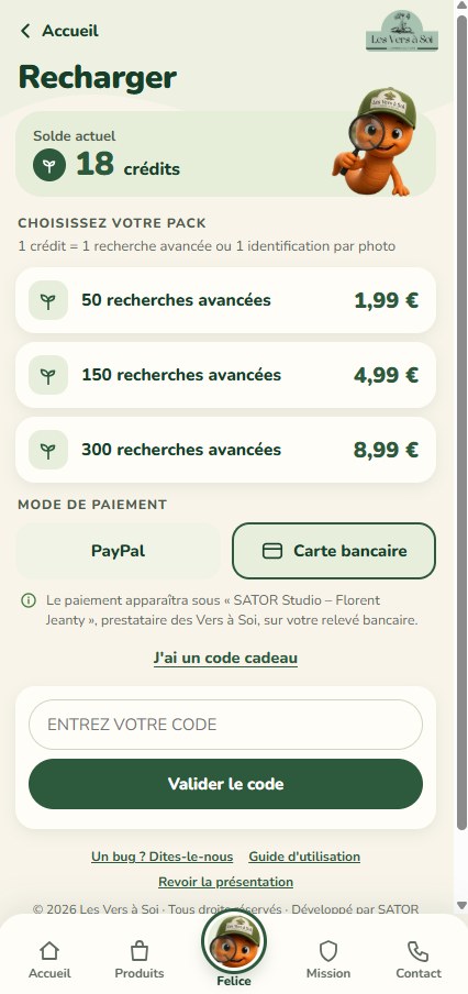 Écran Recharger : choix du pack de recherches et du moyen de paiement