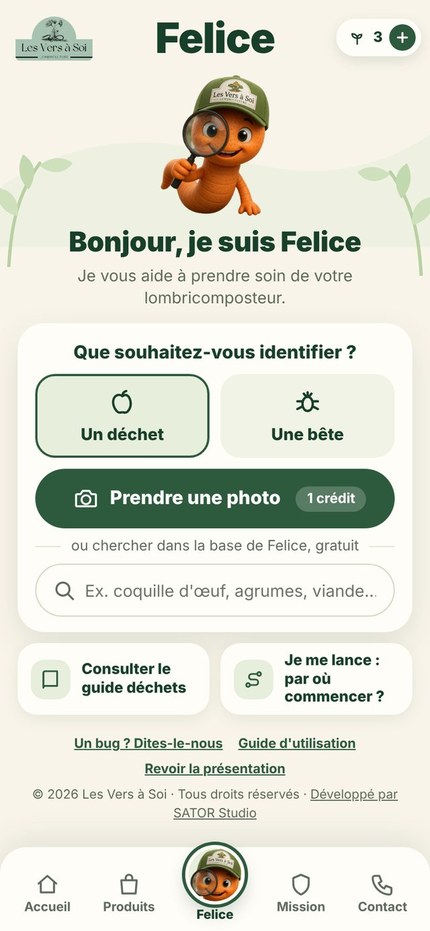 Écran Felice : choix entre Un déchet et Une bête, barre de recherche