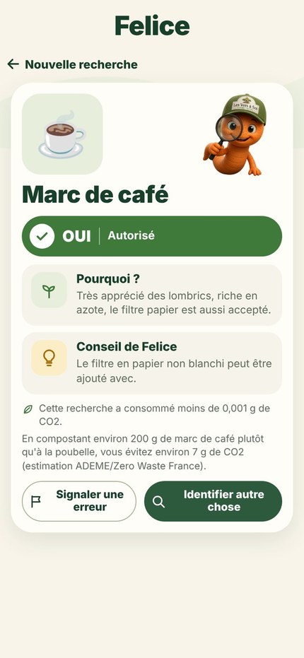 Résultat pour le marc de café : OUI, Autorisé, avec le pourquoi et le conseil